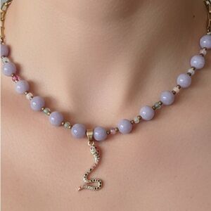 Lavender Beaded Necklace with Gold Snake Charm